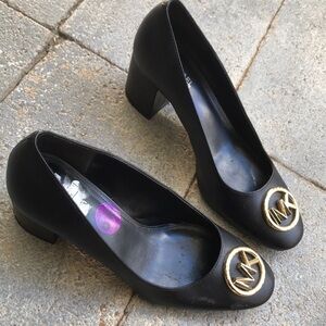 MICHAEL Michael Kors Black Leather Chunky heel with Gold MK Medallion